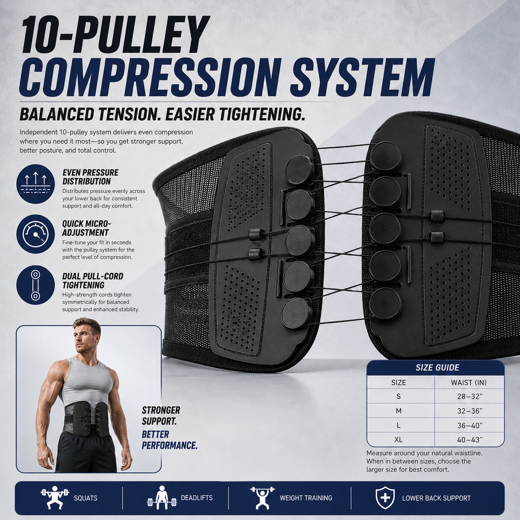 🏋️ 10-Pulley Lumbar Support Belt – Adjustable Compression & Rigid Back Support