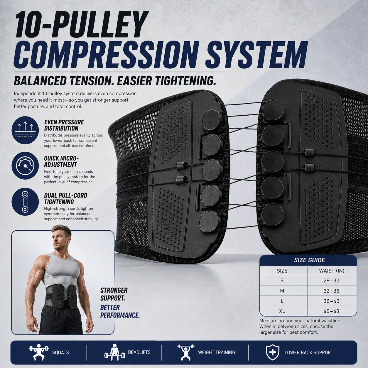 🏋️ 10-Pulley Lumbar Support Belt – Adjustable Compression & Rigid Back Support