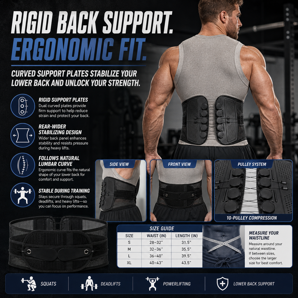 🏋️ 10-Pulley Lumbar Support Belt – Adjustable Compression & Rigid Back Support