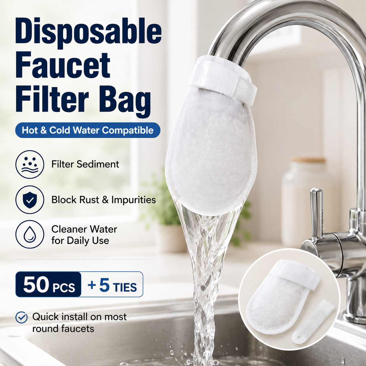 Disposable Faucet Filter Bags – 50PCS + 5 Ties | Cleaner Water for Daily Washing🚰