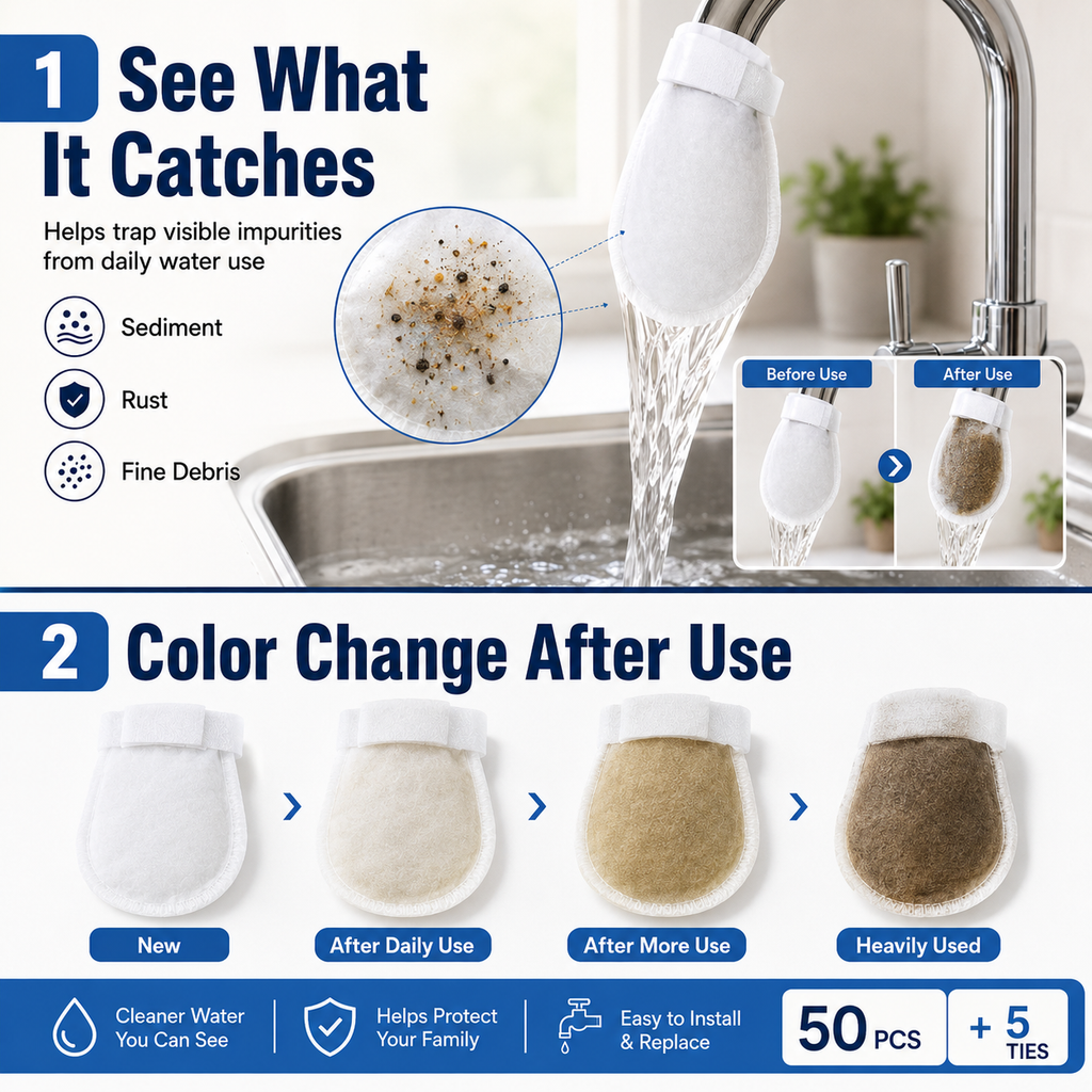 Disposable Faucet Filter Bags – 50PCS + 5 Ties | Cleaner Water for Daily Washing🚰