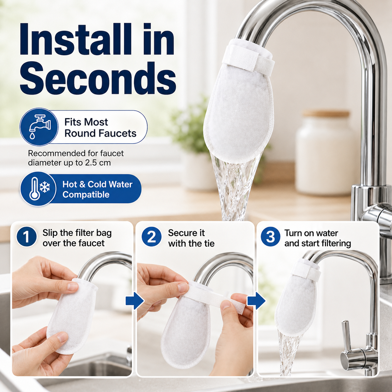 Disposable Faucet Filter Bags – 50PCS + 5 Ties | Cleaner Water for Daily Washing🚰