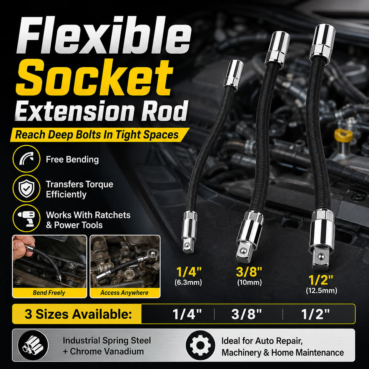 Flexible Socket Extension Rod Set – Bendable Ratchet Adapter for Tight Spaces, Auto Repair & DIY