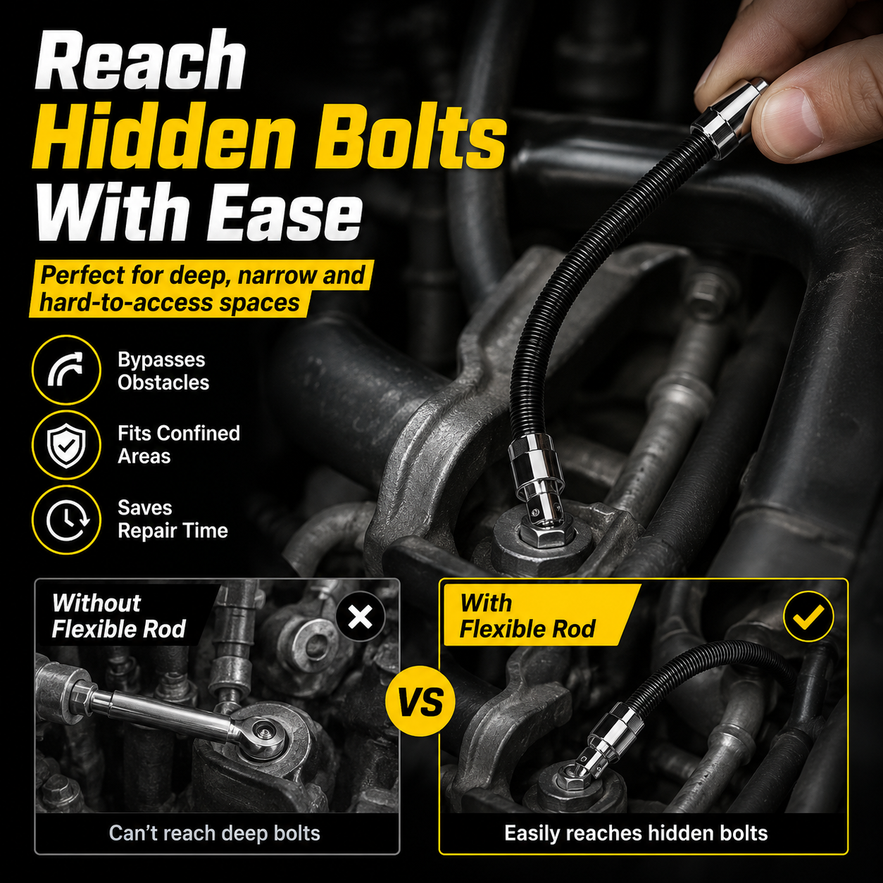 Flexible Socket Extension Rod Set – Bendable Ratchet Adapter for Tight Spaces, Auto Repair & DIY