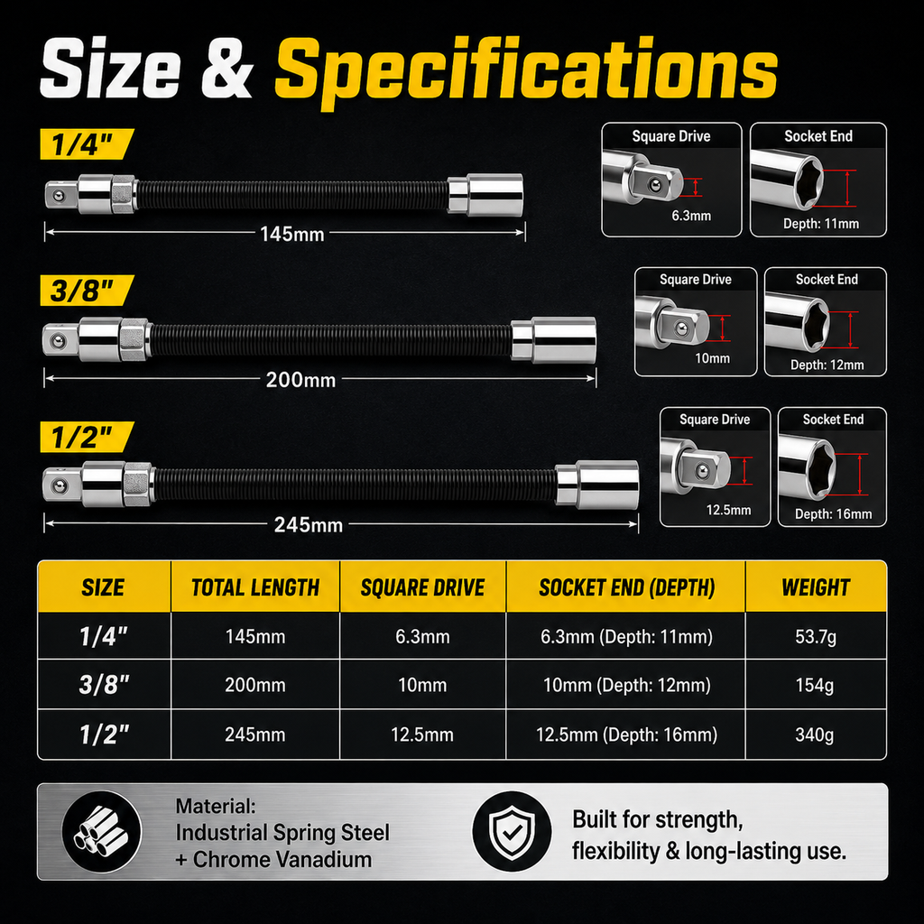 Flexible Socket Extension Rod Set – Bendable Ratchet Adapter for Tight Spaces, Auto Repair & DIY
