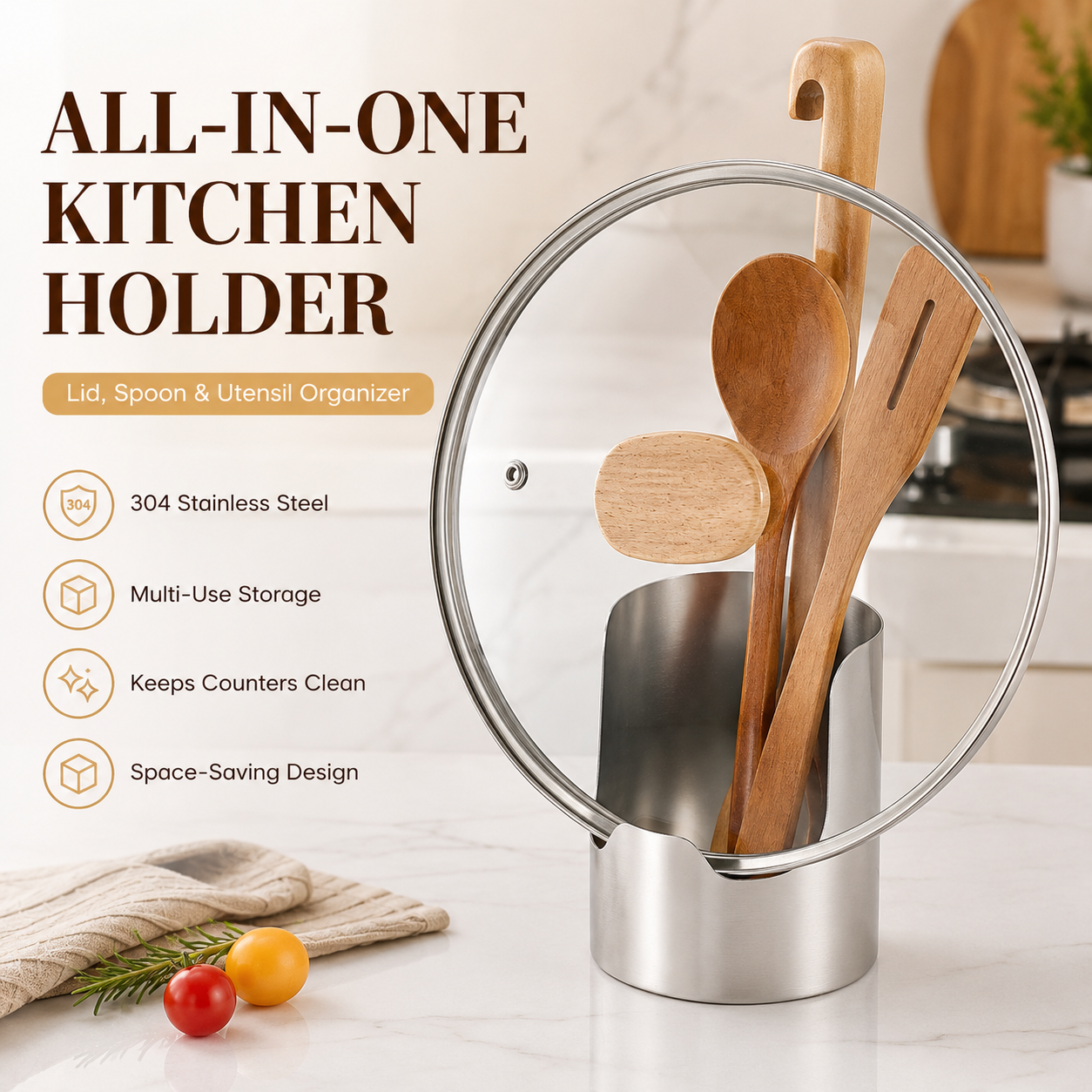 All-in-One Stainless Steel Kitchen Holder – Keep Lids, Spoons & Utensils Neatly Organized✨