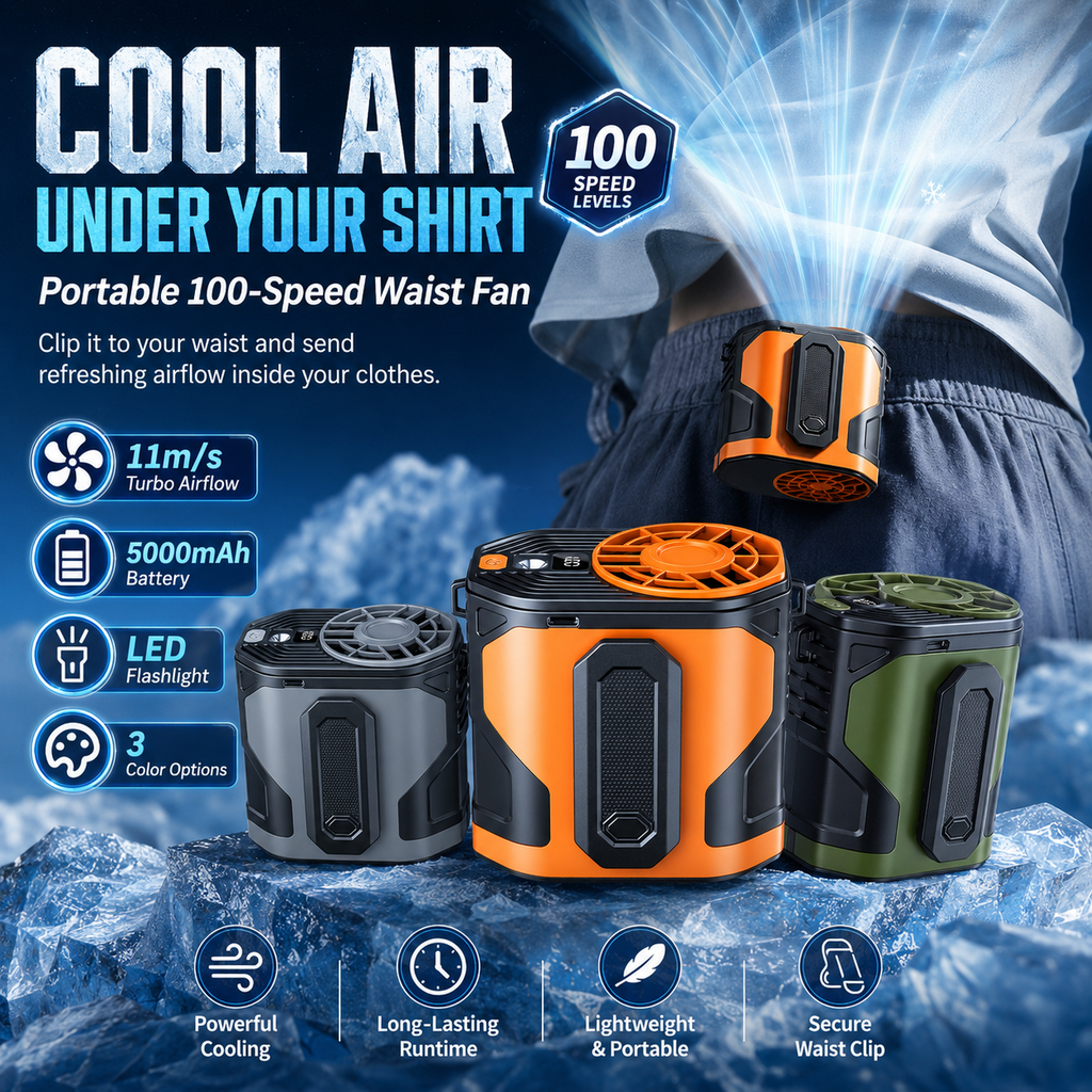 TurboBreeze™ 100-Speed Waist Fan — Powerful Cooling Under Your Shirt, Hands-Free Anywhere ❄️