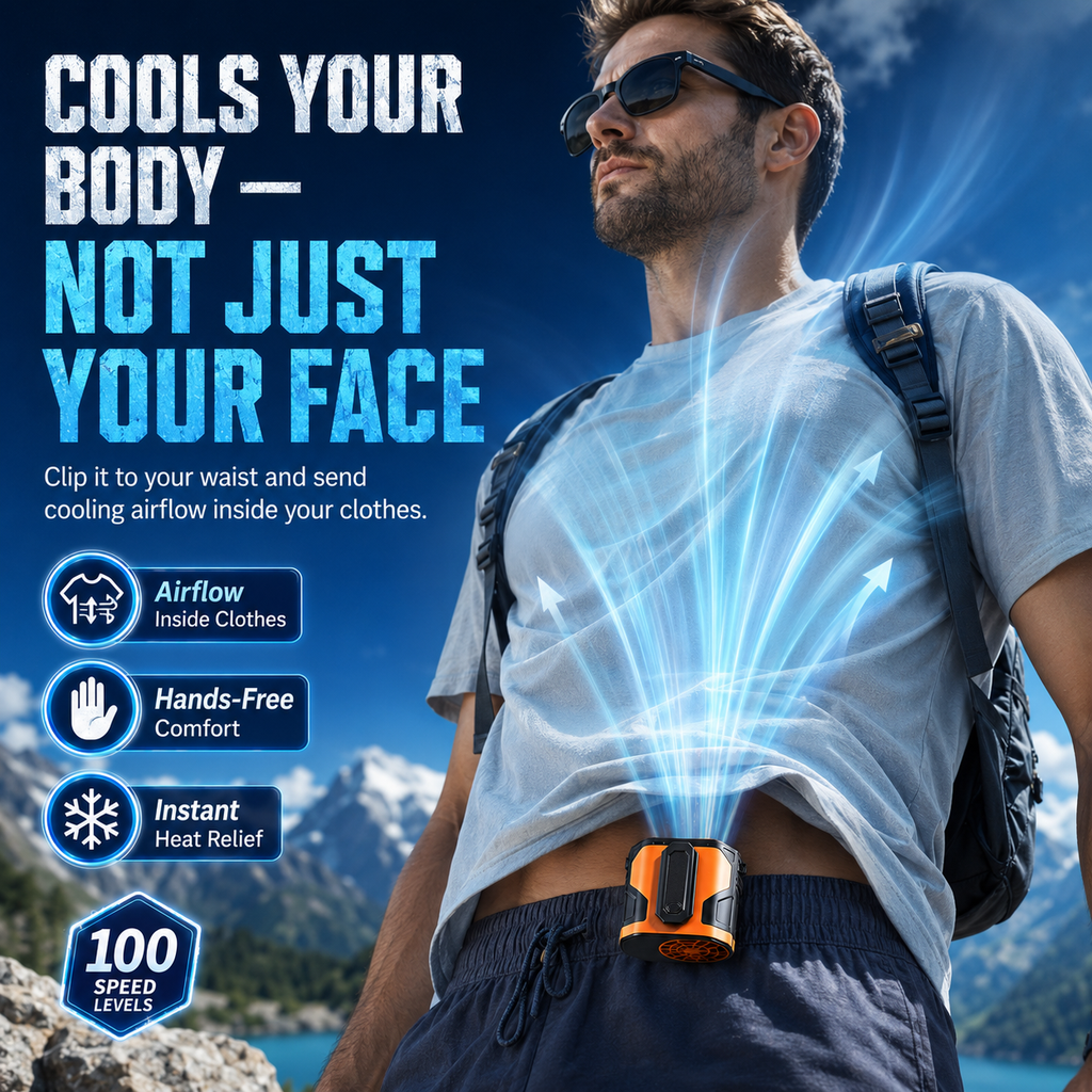 TurboBreeze™ 100-Speed Waist Fan — Powerful Cooling Under Your Shirt, Hands-Free Anywhere ❄️