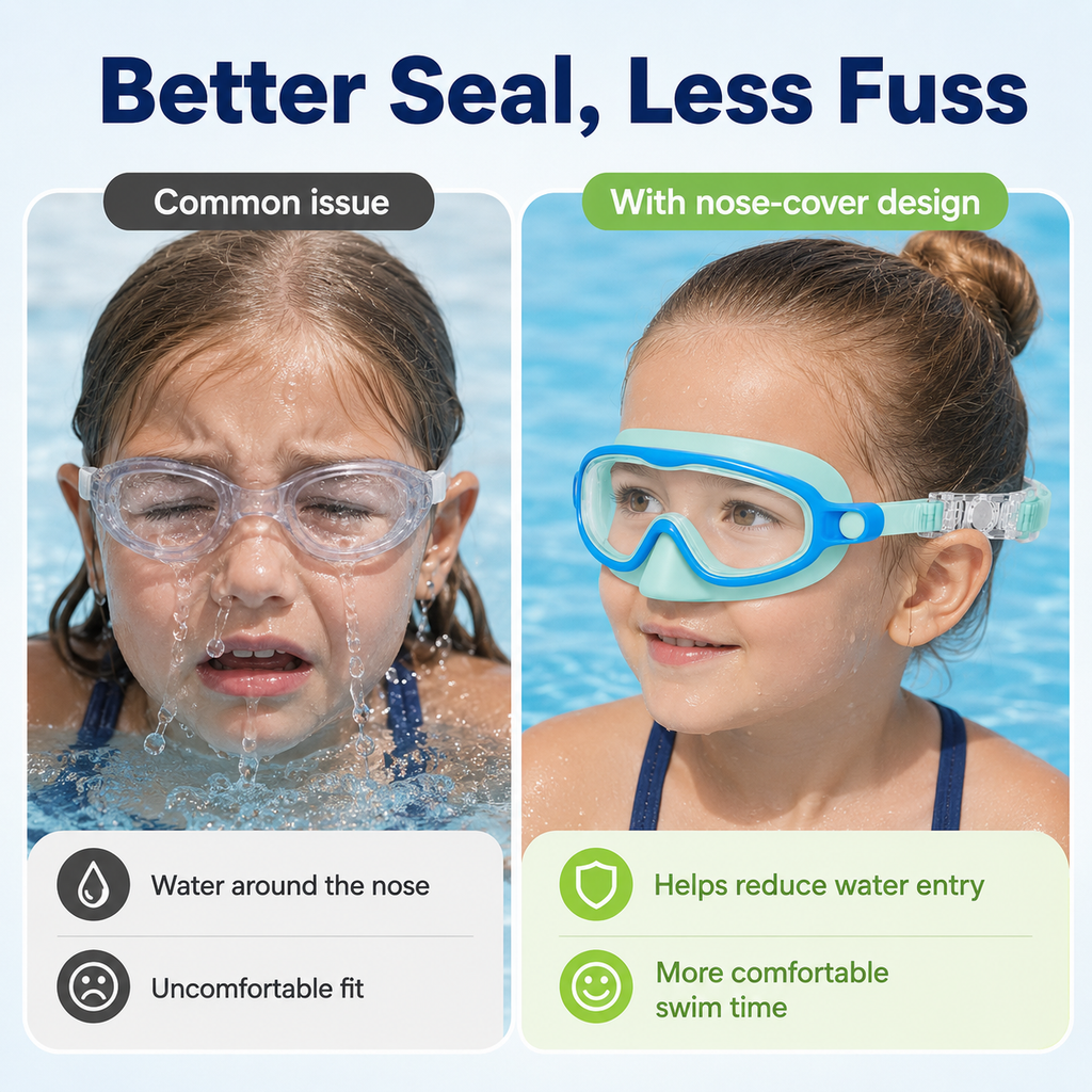 🔥SafeSwim Kids Wide-View Goggles with Nose Cover