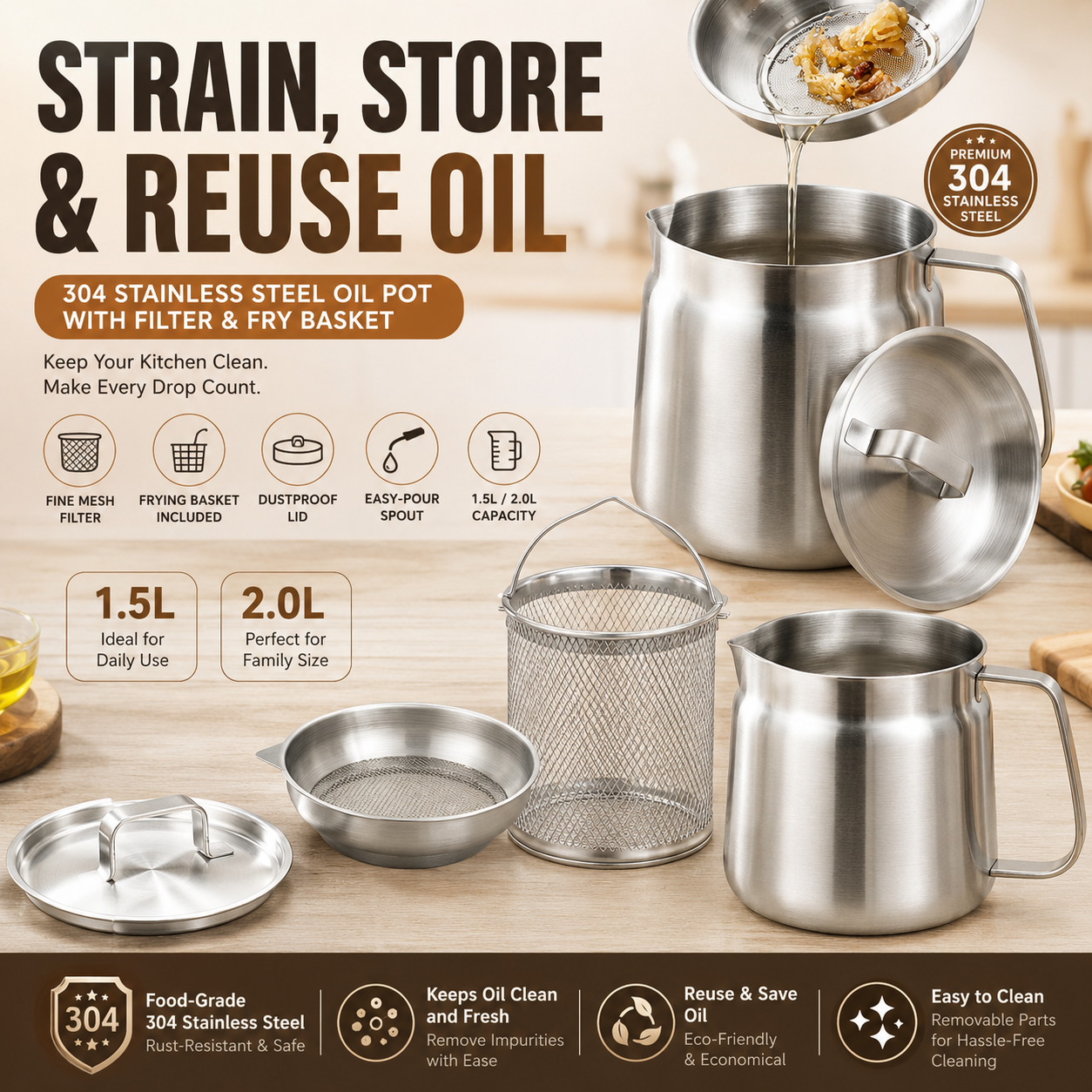 ♻️ Fry, Filter & Reuse Oil™ — 304 Stainless Steel Oil Pot with Fry Basket