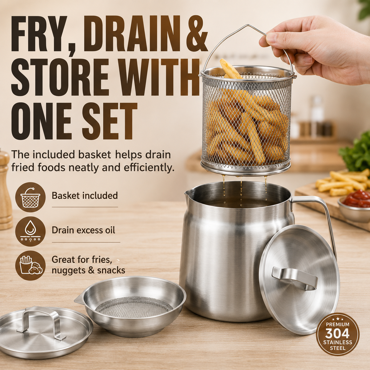 ♻️ Fry, Filter & Reuse Oil™ — 304 Stainless Steel Oil Pot with Fry Basket