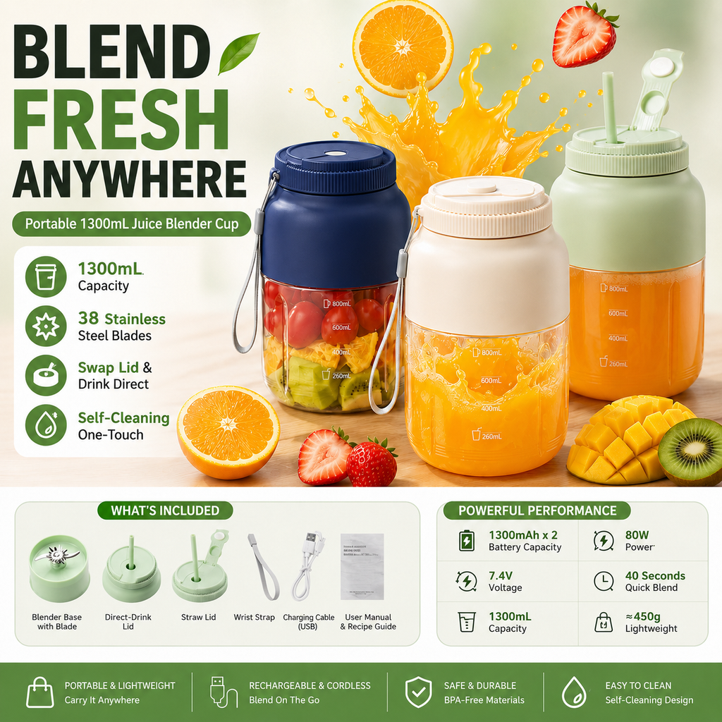 🍓 Blend. Swap. Sip. Anywhere. — 1300mL Portable Self-Cleaning Blender Cup