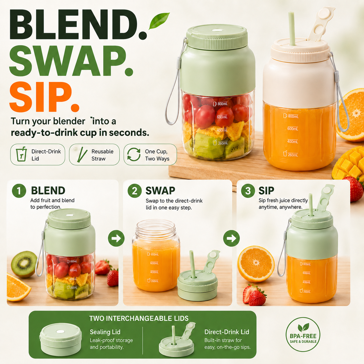 🍓 Blend. Swap. Sip. Anywhere. — 1300mL Portable Self-Cleaning Blender Cup