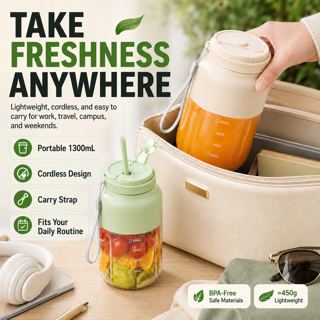🍓 Blend. Swap. Sip. Anywhere. — 1300mL Portable Self-Cleaning Blender Cup