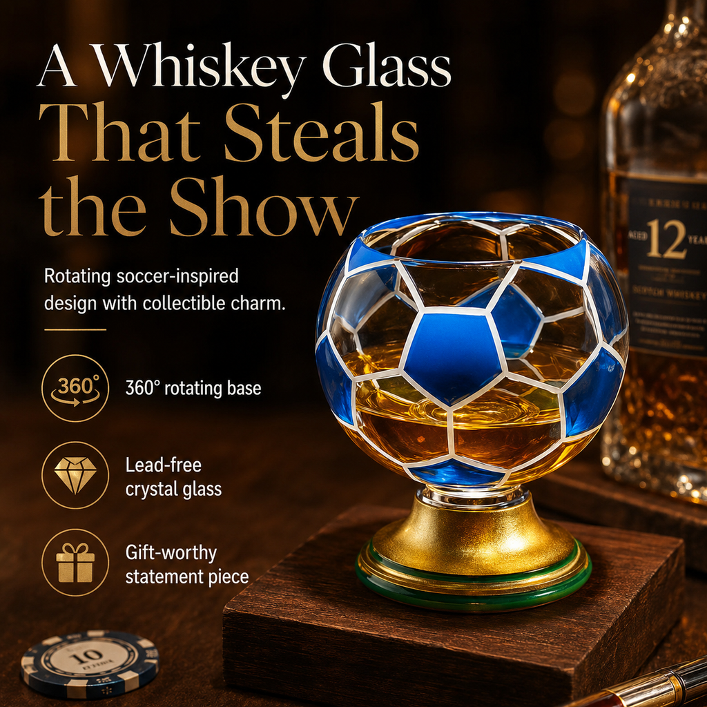 ⚽️360° Rotating Soccer Ball Whiskey Glass with Stainless Steel Ice Ball