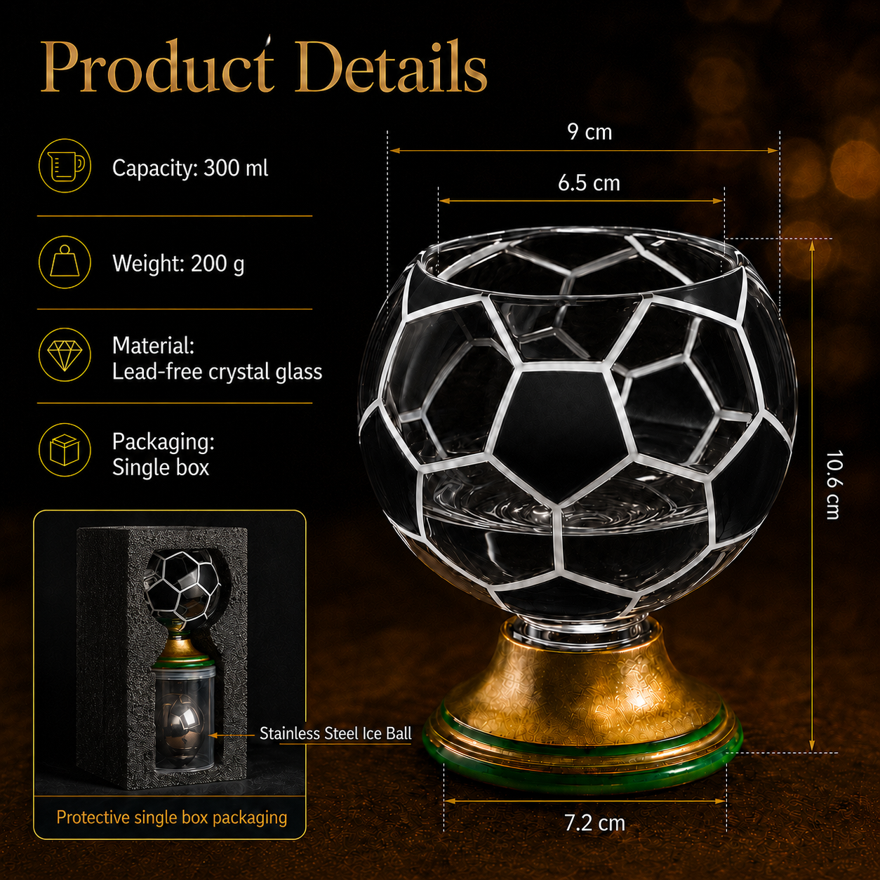⚽️360° Rotating Soccer Ball Whiskey Glass with Stainless Steel Ice Ball