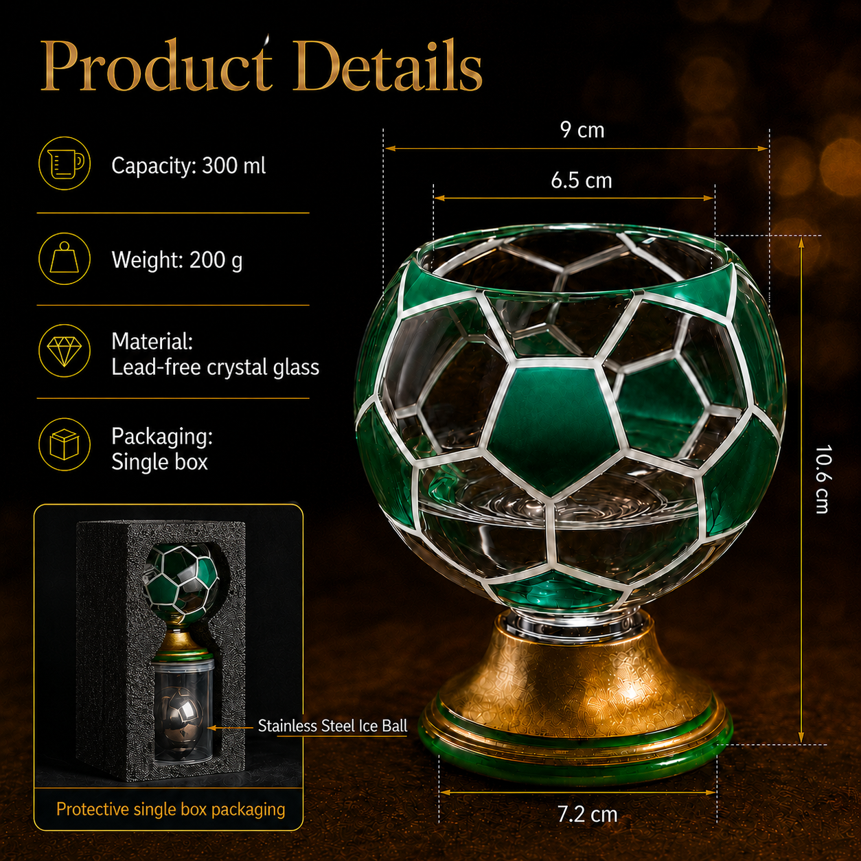⚽️360° Rotating Soccer Ball Whiskey Glass with Stainless Steel Ice Ball