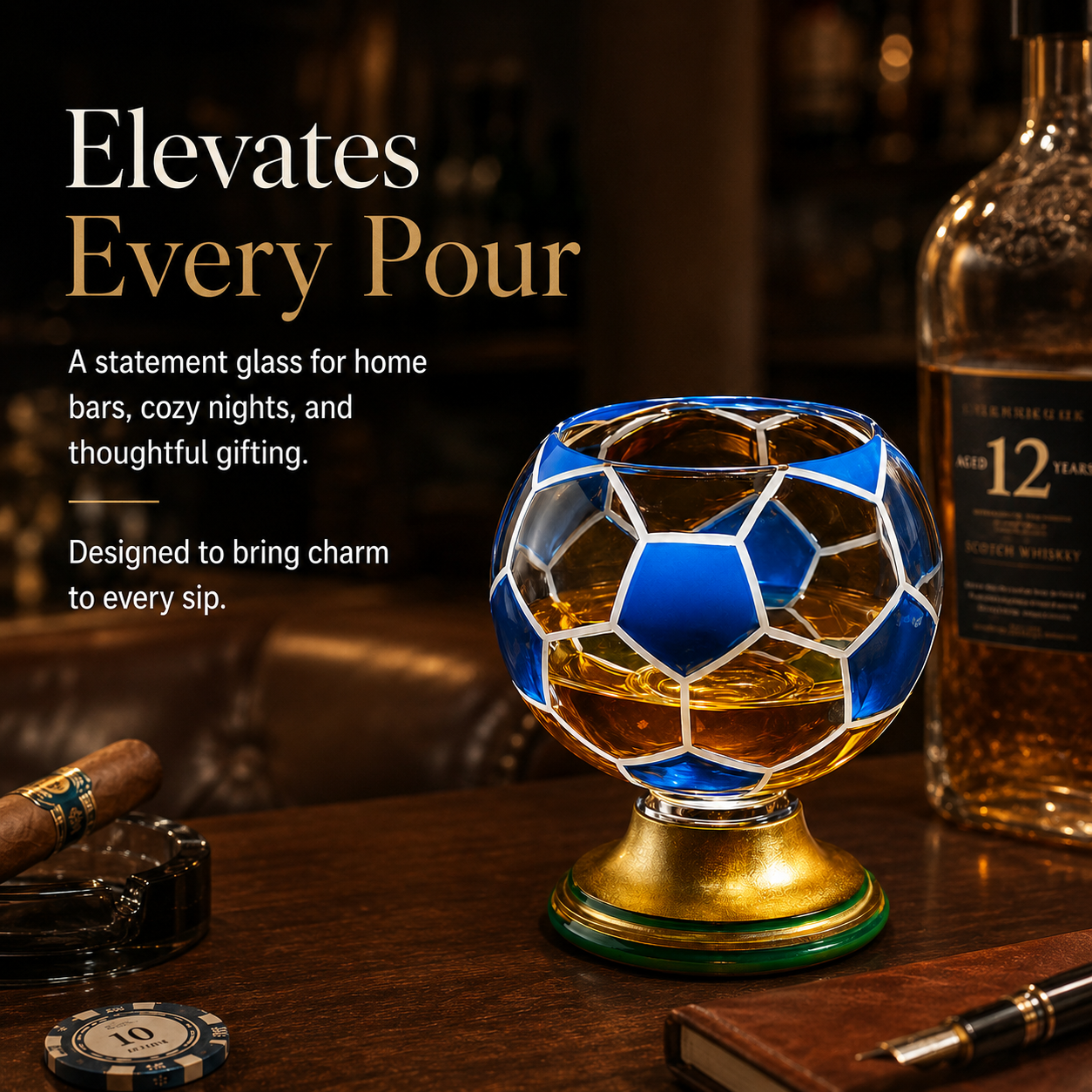⚽️360° Rotating Soccer Ball Whiskey Glass with Stainless Steel Ice Ball