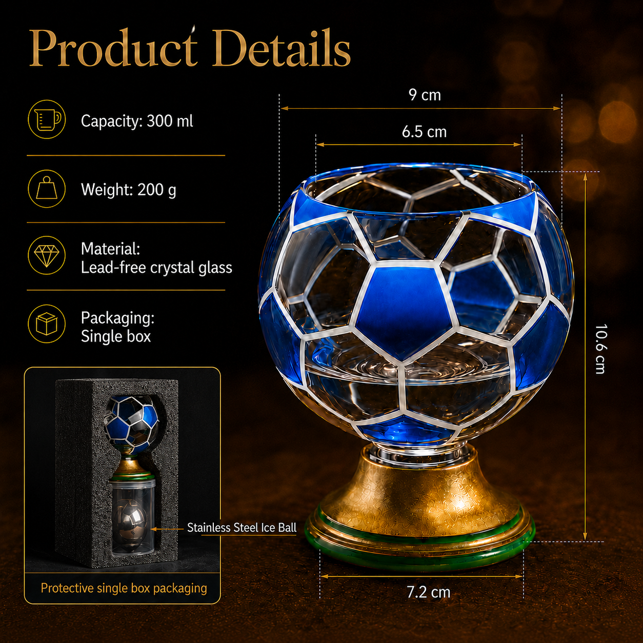 ⚽️360° Rotating Soccer Ball Whiskey Glass with Stainless Steel Ice Ball