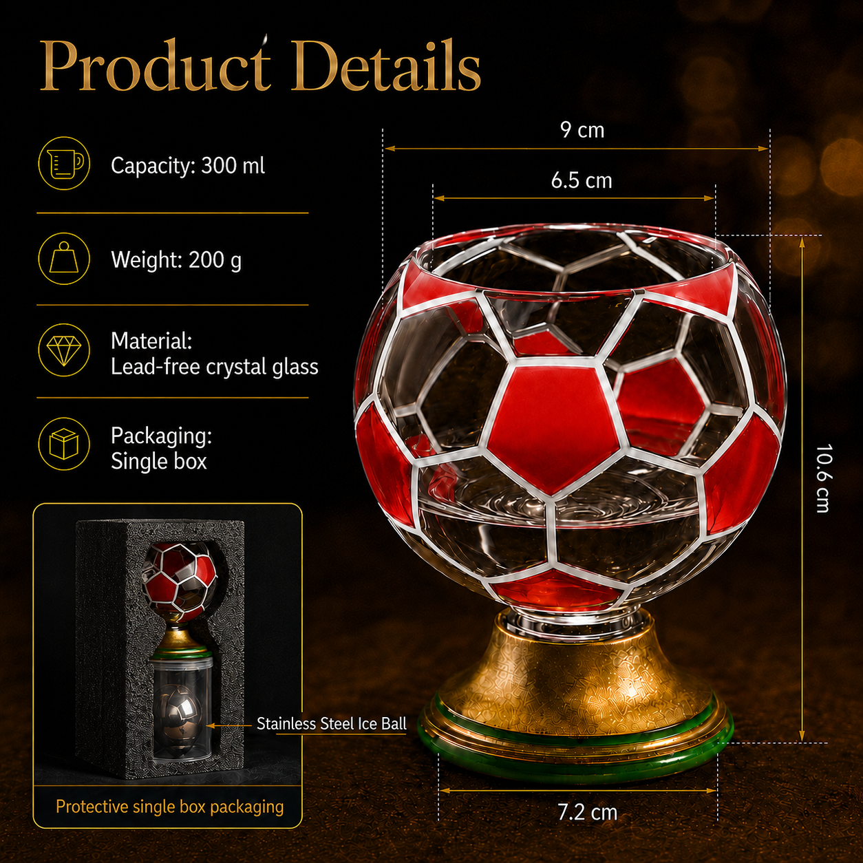 ⚽️360° Rotating Soccer Ball Whiskey Glass with Stainless Steel Ice Ball