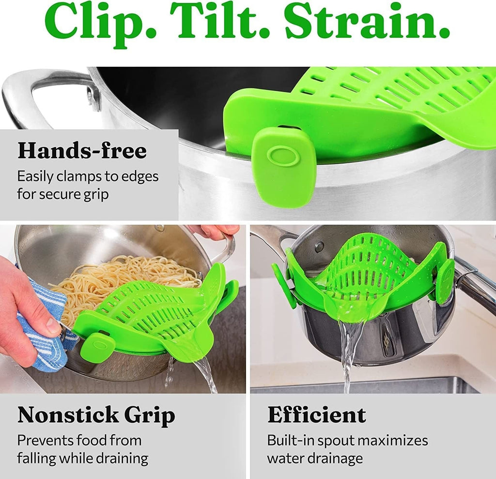 💥Silicone Clip-On Colander & Strainer - Heat Resistant Drain Basket for Pots, Pans, Bowls