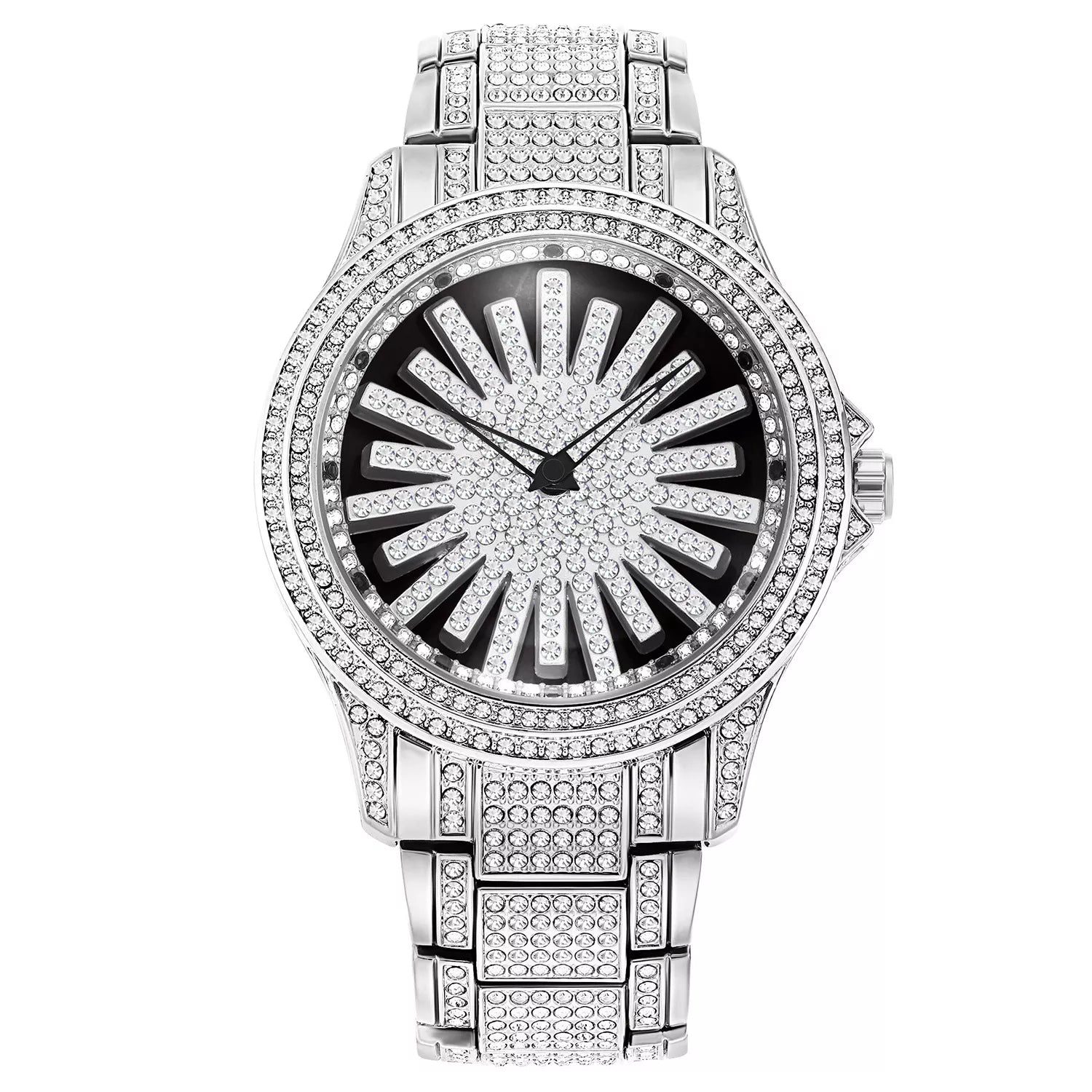 Men's Iced-Out Watch with Rotating Dial – Sparkling Crystals, Precise Quartz & Butterfly Clasp