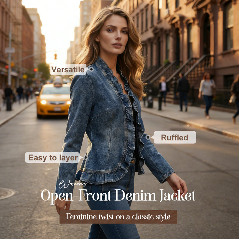 🧥 Women's Ruffle Trim Open-Front Denim Jacket – Lightweight, feminine & versatile – chic for any outfit