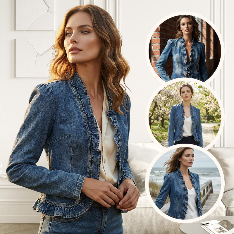 🧥 Women's Ruffle Trim Open-Front Denim Jacket – Lightweight, feminine & versatile – chic for any outfit