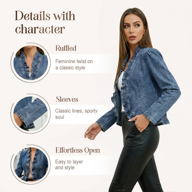 🧥 Women's Ruffle Trim Open-Front Denim Jacket – Lightweight, feminine & versatile – chic for any outfit