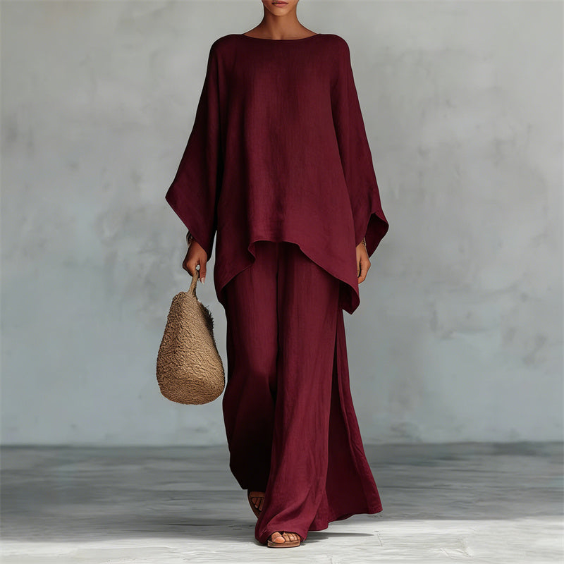 Women's Loose Fit Long Sleeve Top & Wide Leg Pants Set