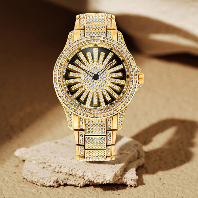 Men's Iced-Out Watch with Rotating Dial – Sparkling Crystals, Precise Quartz & Butterfly Clasp
