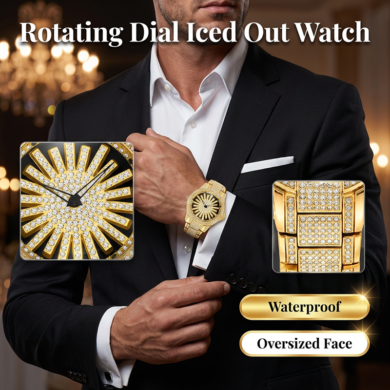 Men's Iced-Out Watch with Rotating Dial – Sparkling Crystals, Precise Quartz & Butterfly Clasp