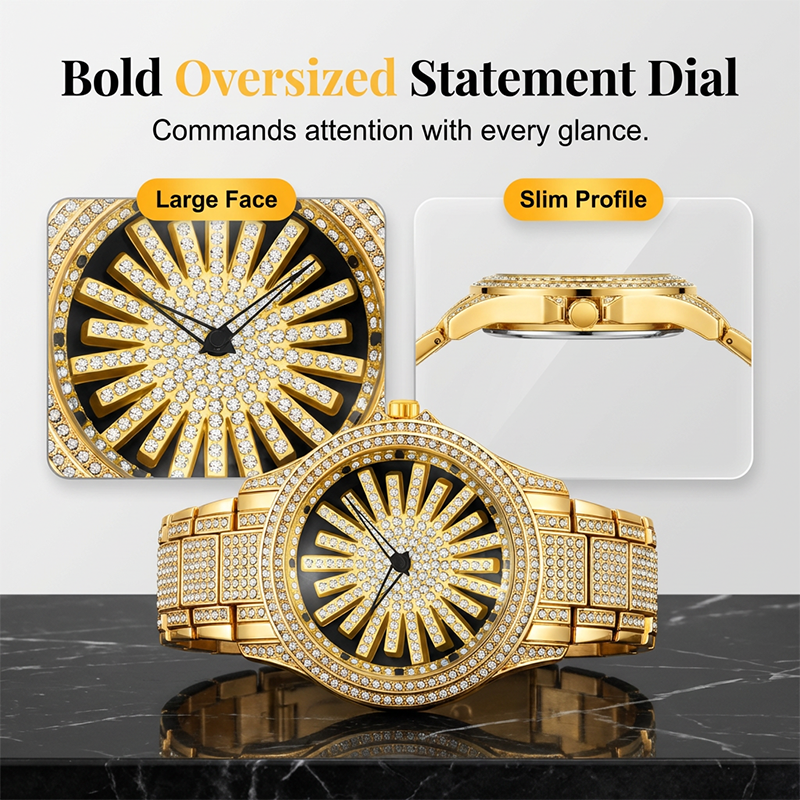 Men's Iced-Out Watch with Rotating Dial – Sparkling Crystals, Precise Quartz & Butterfly Clasp