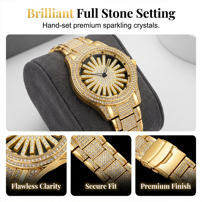 Men's Iced-Out Watch with Rotating Dial – Sparkling Crystals, Precise Quartz & Butterfly Clasp