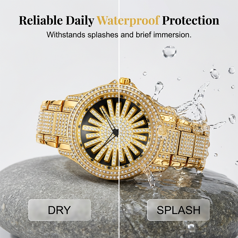 Men's Iced-Out Watch with Rotating Dial – Sparkling Crystals, Precise Quartz & Butterfly Clasp