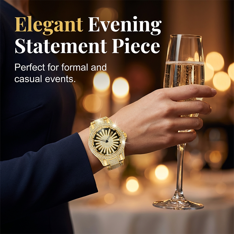 Men's Iced-Out Watch with Rotating Dial – Sparkling Crystals, Precise Quartz & Butterfly Clasp