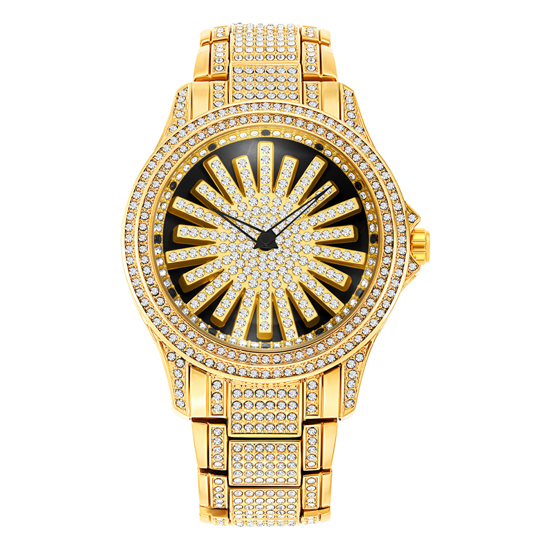 Men's Iced-Out Watch with Rotating Dial – Sparkling Crystals, Precise Quartz & Butterfly Clasp