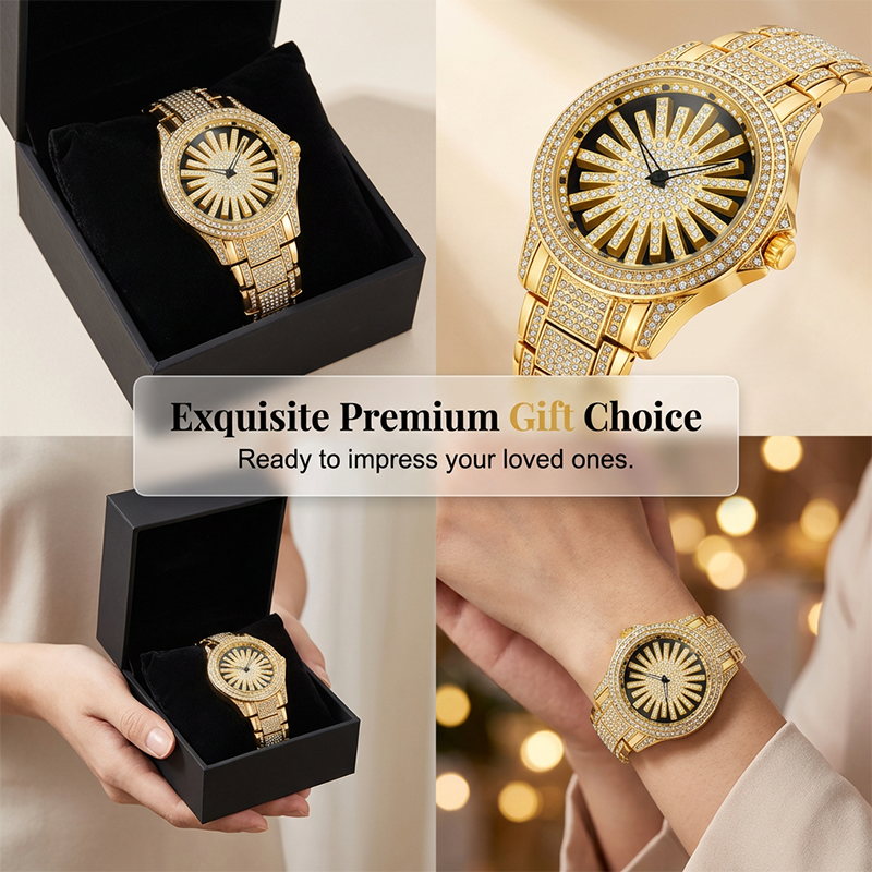 Men's Iced-Out Watch with Rotating Dial – Sparkling Crystals, Precise Quartz & Butterfly Clasp