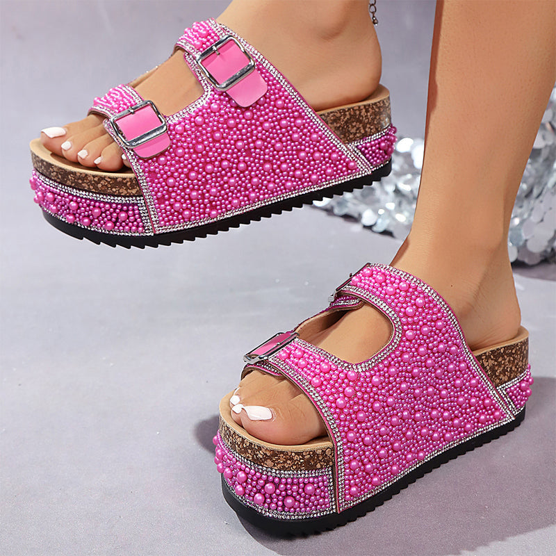 Double Buckle Cork Slide Sandals – Sparkling, Comfy & Effortlessly Chic – Perfect for Summer & Beach ✨