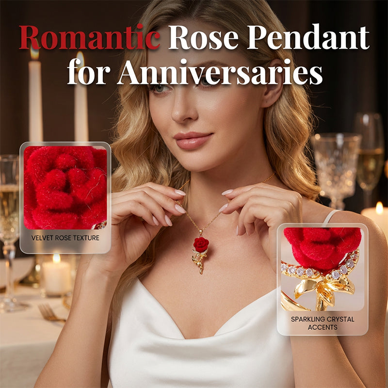 ✨ Elegant Red Rose Pendant Necklace – Velvet Bloom, Crystal Accents, Gold-Tone ✨