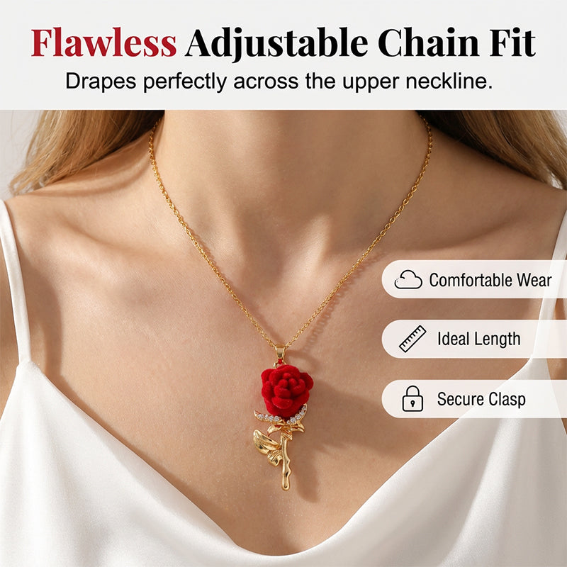 ✨ Elegant Red Rose Pendant Necklace – Velvet Bloom, Crystal Accents, Gold-Tone ✨