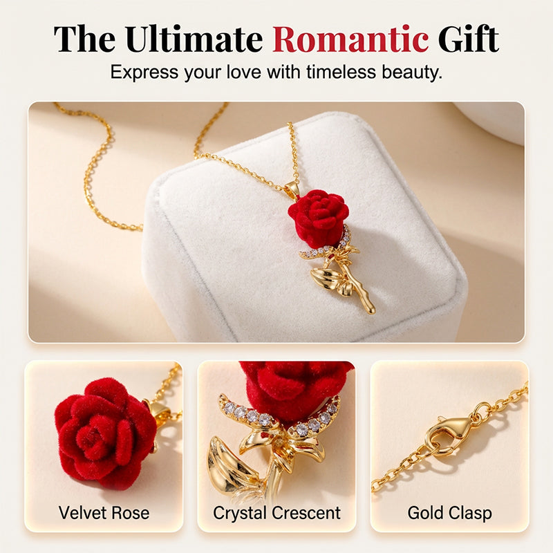 ✨ Elegant Red Rose Pendant Necklace – Velvet Bloom, Crystal Accents, Gold-Tone ✨