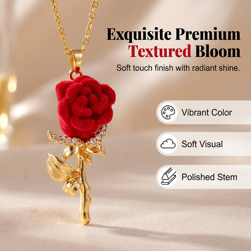 ✨ Elegant Red Rose Pendant Necklace – Velvet Bloom, Crystal Accents, Gold-Tone ✨