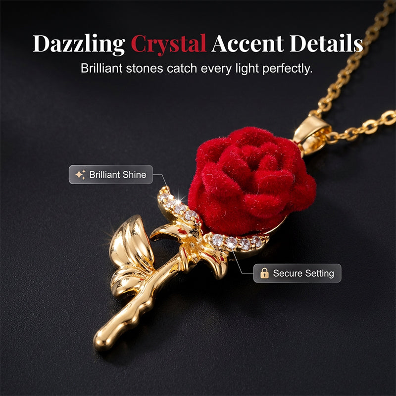 ✨ Elegant Red Rose Pendant Necklace – Velvet Bloom, Crystal Accents, Gold-Tone ✨