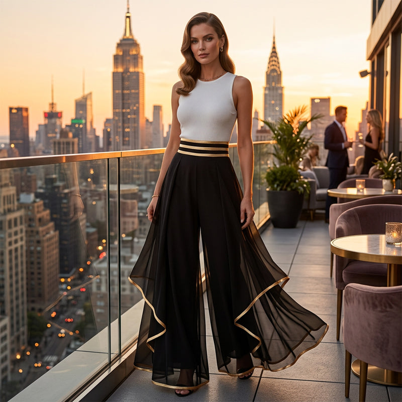 Women's Wide-Leg Pants – Flowy, Gold Trim, Elegant, Versatile