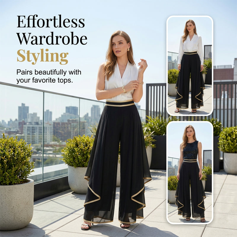 Women's Wide-Leg Pants – Flowy, Gold Trim, Elegant, Versatile