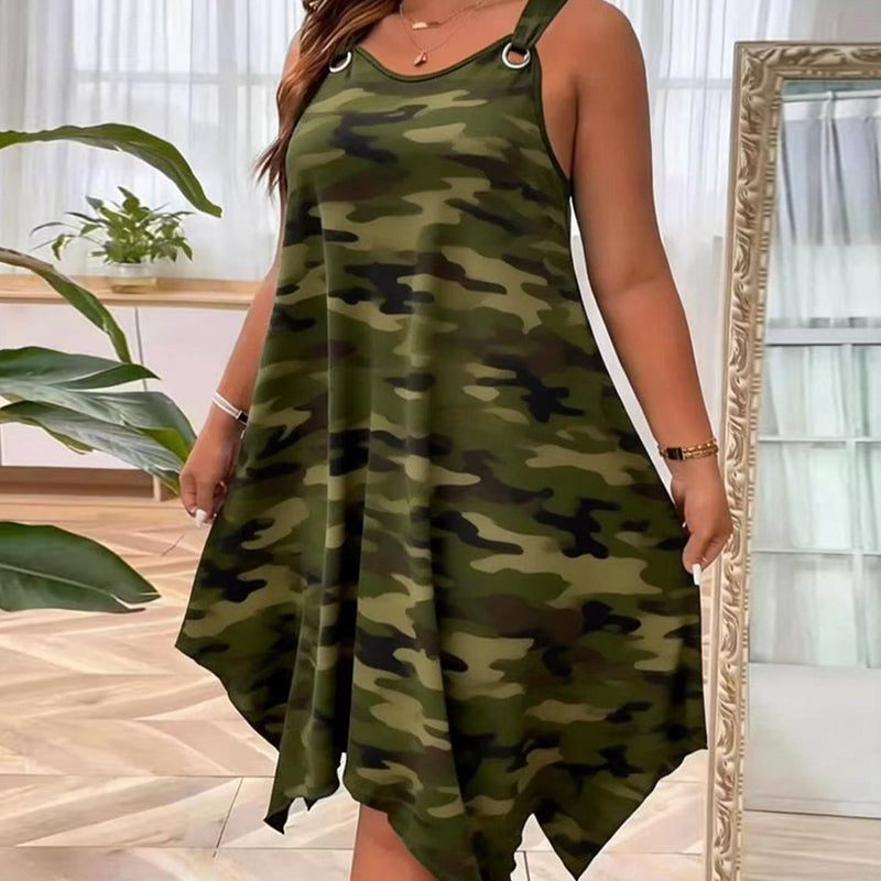 Women's Sleeveless Asymmetrical Hem Camouflage Dress