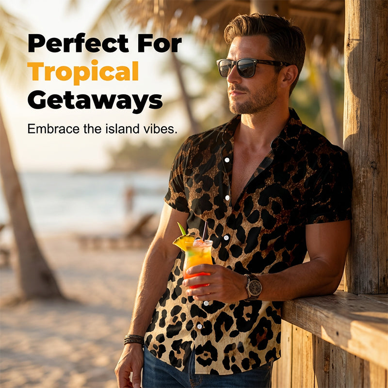 Men's Short Sleeve Leopard Print Button Down Shirt