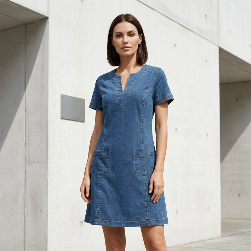 📢📢50% OFF !! ⏰Women's Short Sleeve V-Neck Denim Dress