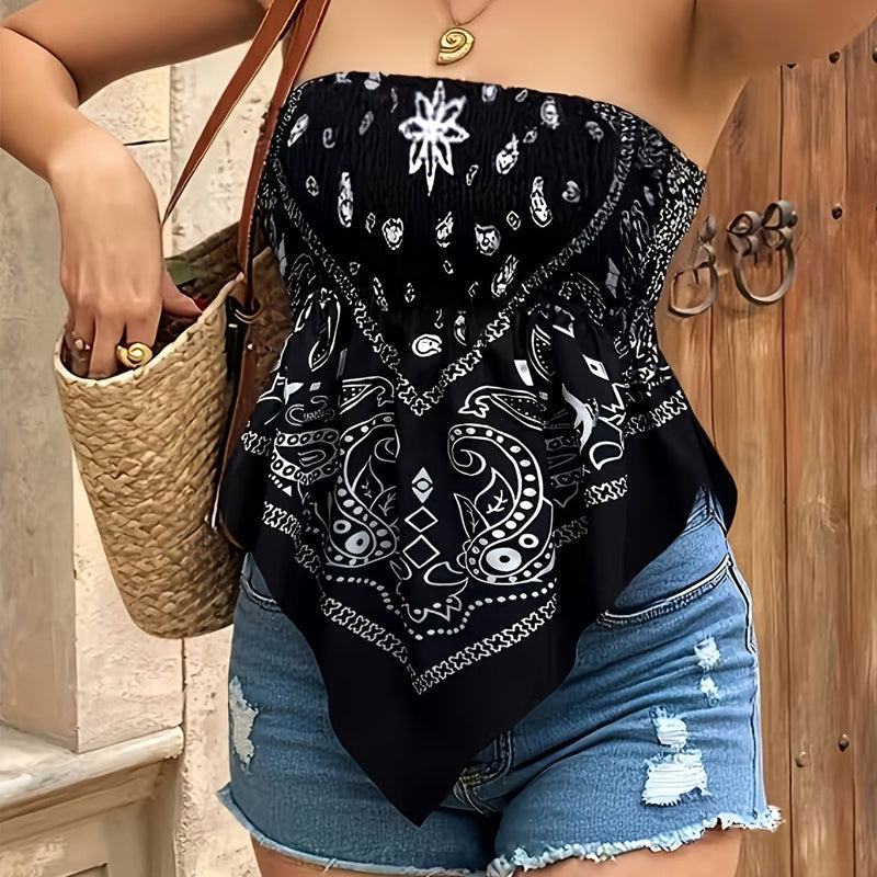 🌸 Women's Asymmetrical Hem Bandana Tube Top – Strapless, Smocked Bust & Paisley Print – Bohemian Summer Style ✨